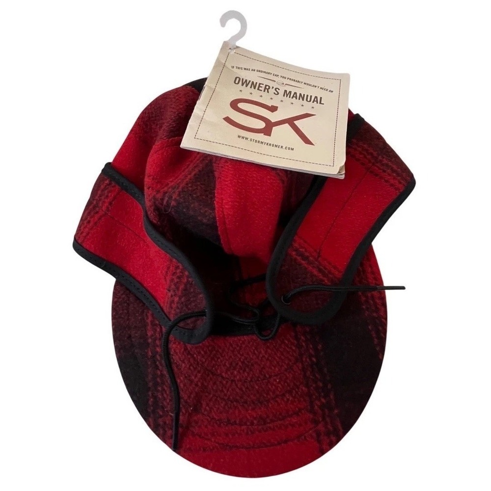 NEW! Stormy Kromer Red Black Plaid Wool Cap Hat with Ear Flaps Mens Size 6 3/4